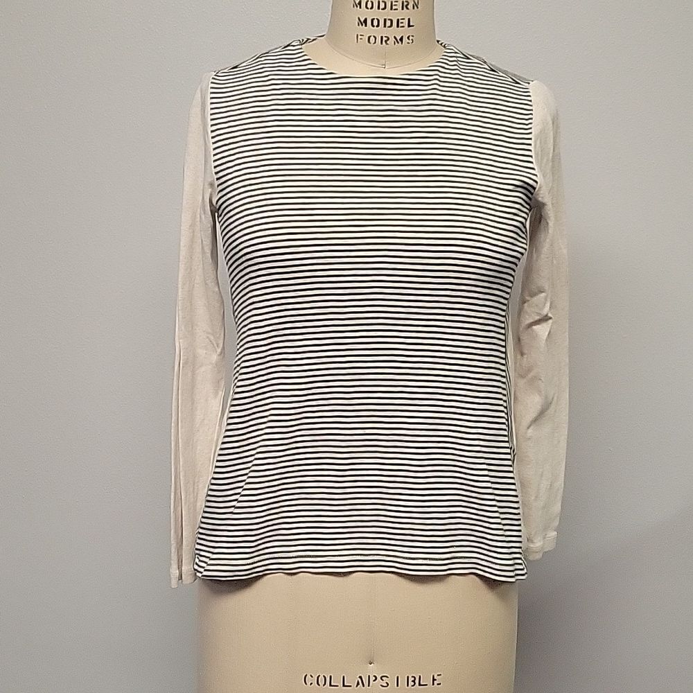 J. Jill Perfect Pima Striped Long Sleeve Tee Shirt XSP Hunter Green Oatmeal
